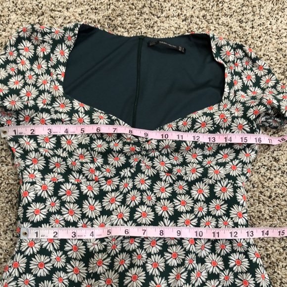 Zara Trafaluc 90s Green Floral Puff Sleeve Sweetheart Skater Mini Dress Size M - Picture 7 of 9